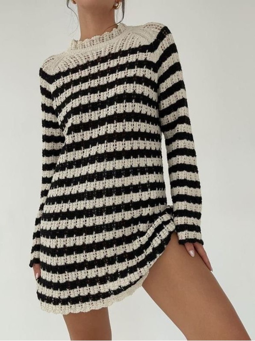 NWT Zara Striped Black and Cream Crochet Knit Pointelle Dress